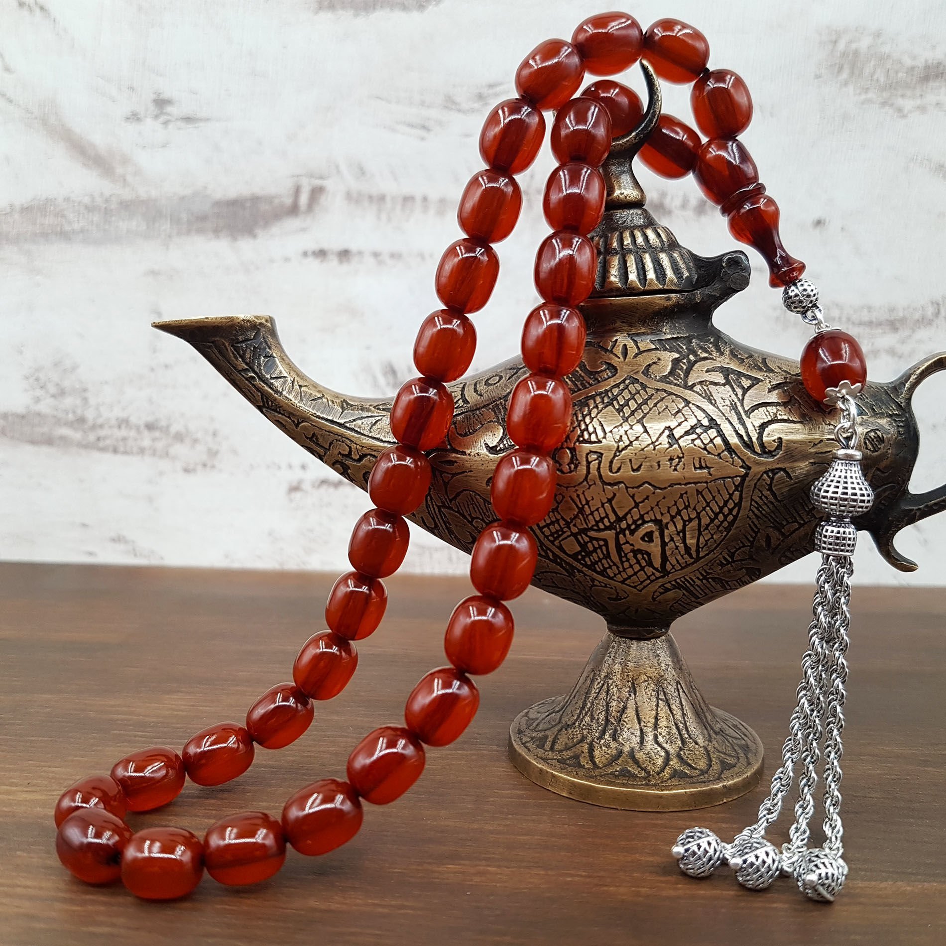 Gümüş Püskül Kahve Faturan Sıkma Kehribar Tesbih