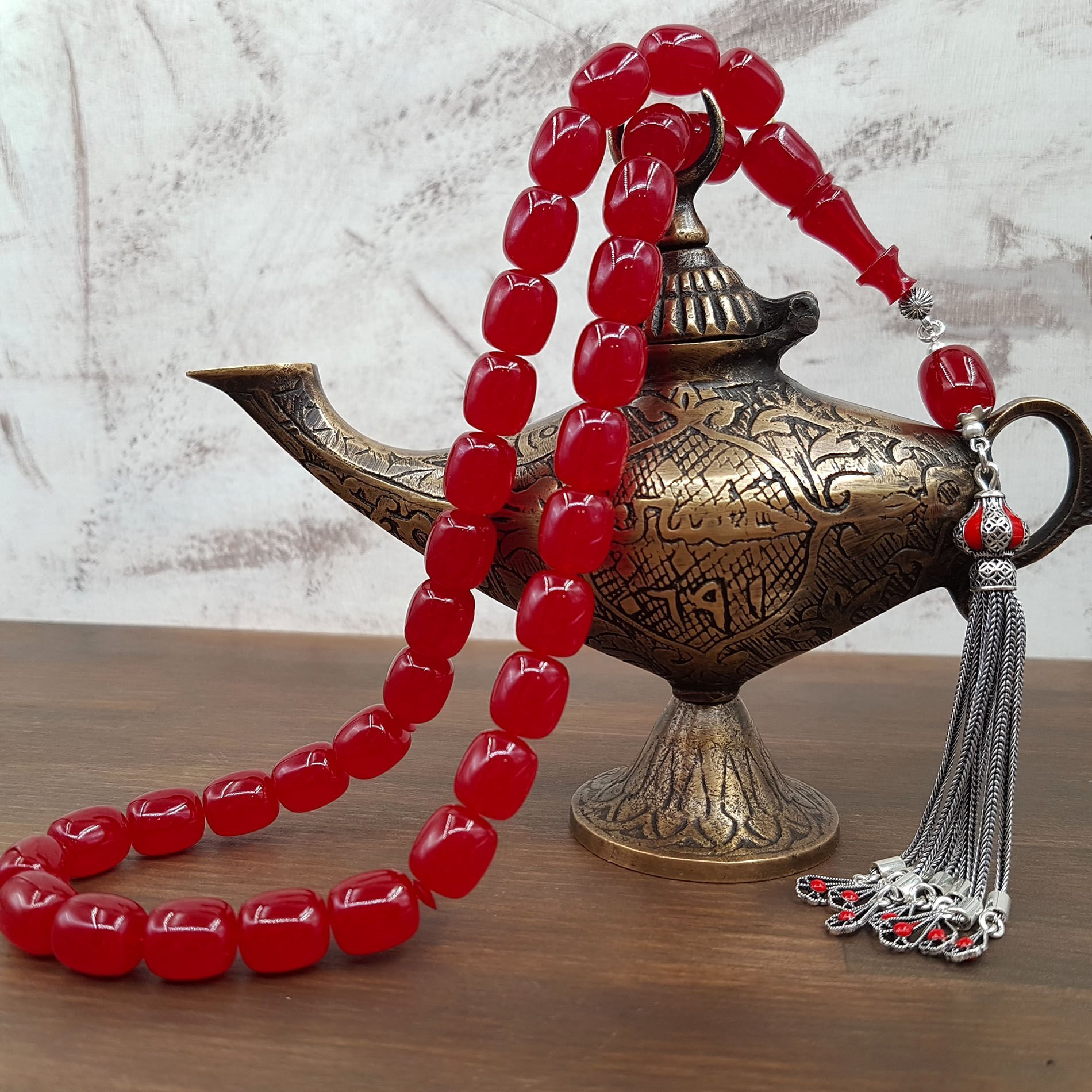 Gümüş Püskül Vişne Blok Zar Kehribar Tesbih