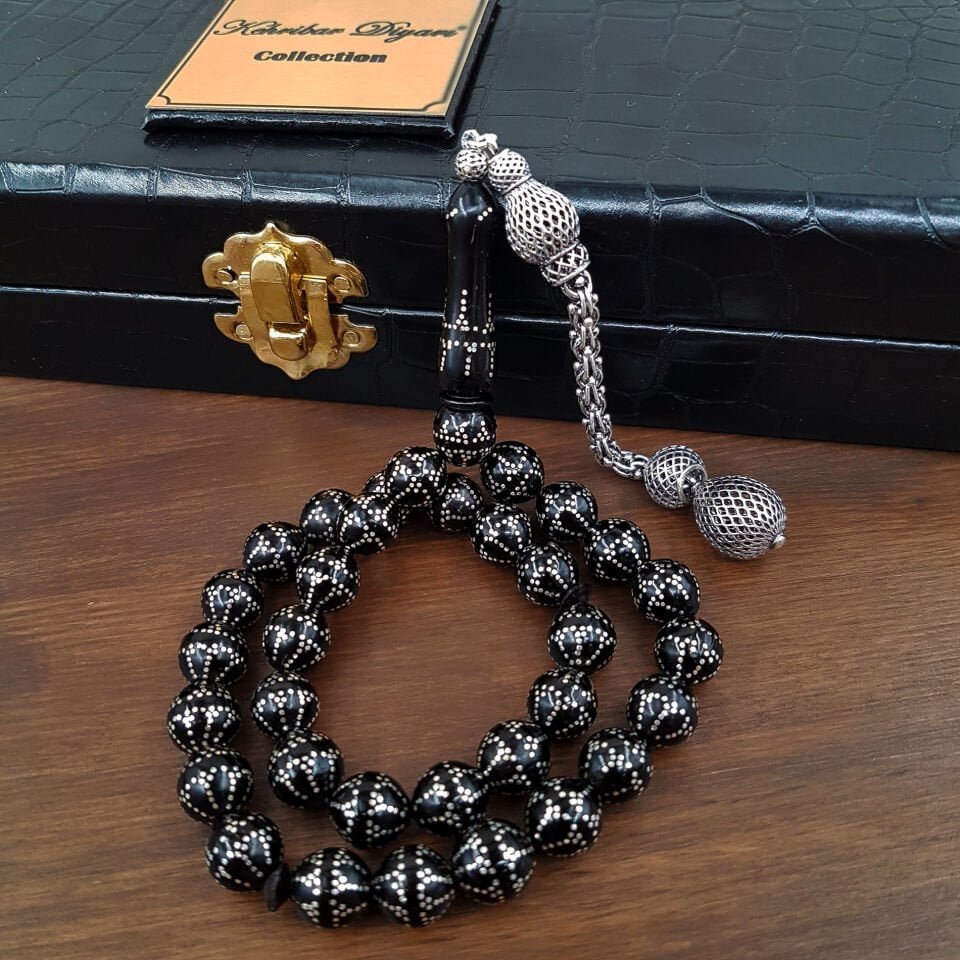 Premium Gümüş Çakım Siyah Kuka Tesbih