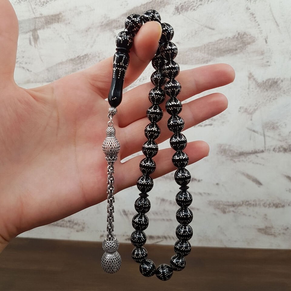 Premium Gümüş Çakım Siyah Kuka Tesbih