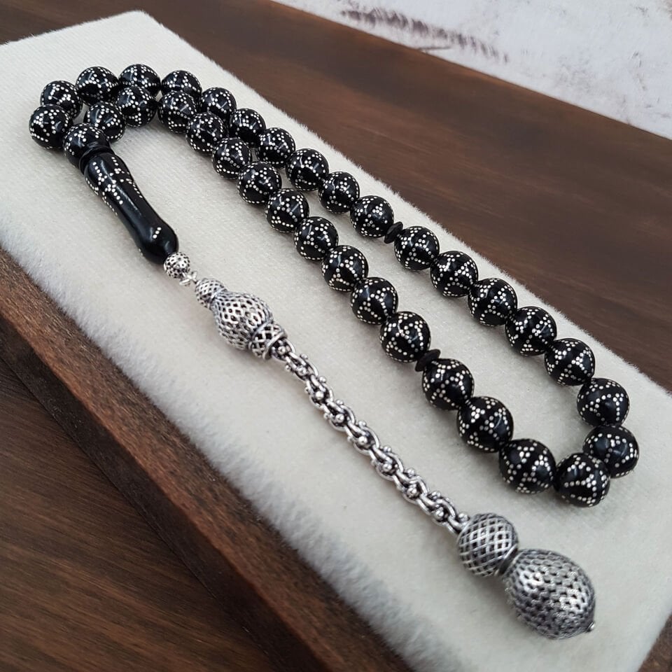 Premium Gümüş Çakım Siyah Kuka Tesbih