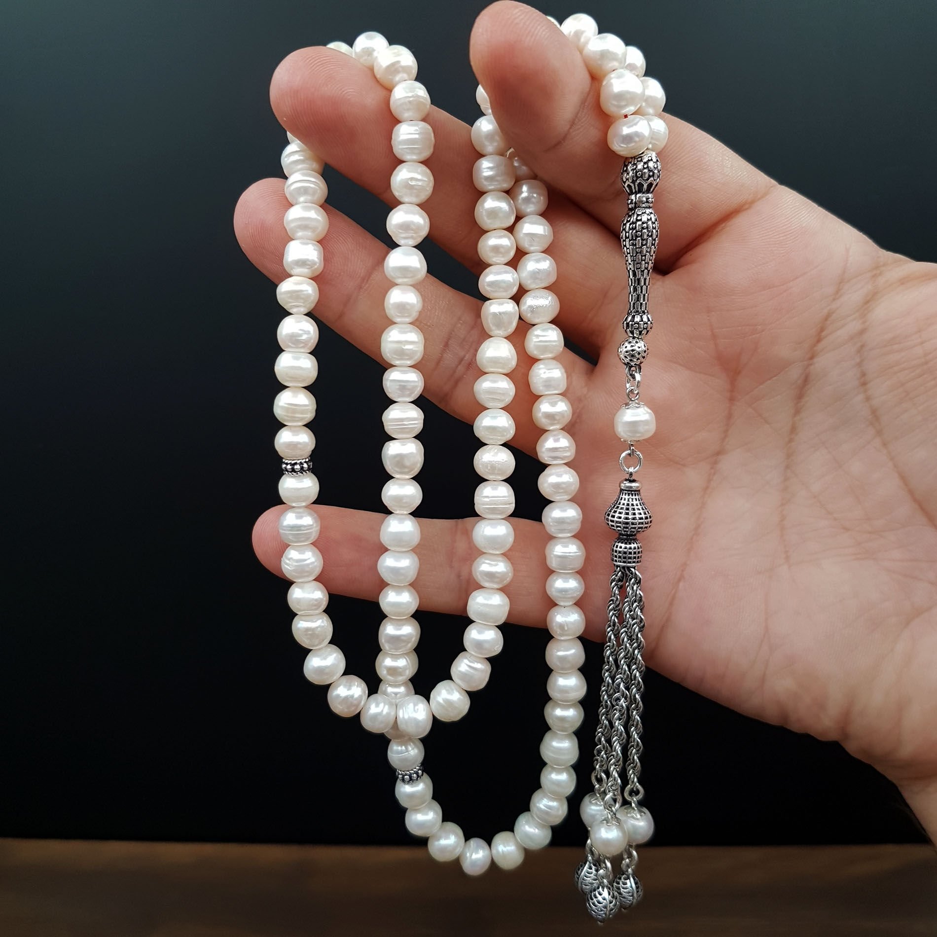 Gümüş İmame Tasarım 99 Habbe Orjinal İnci Tesbih