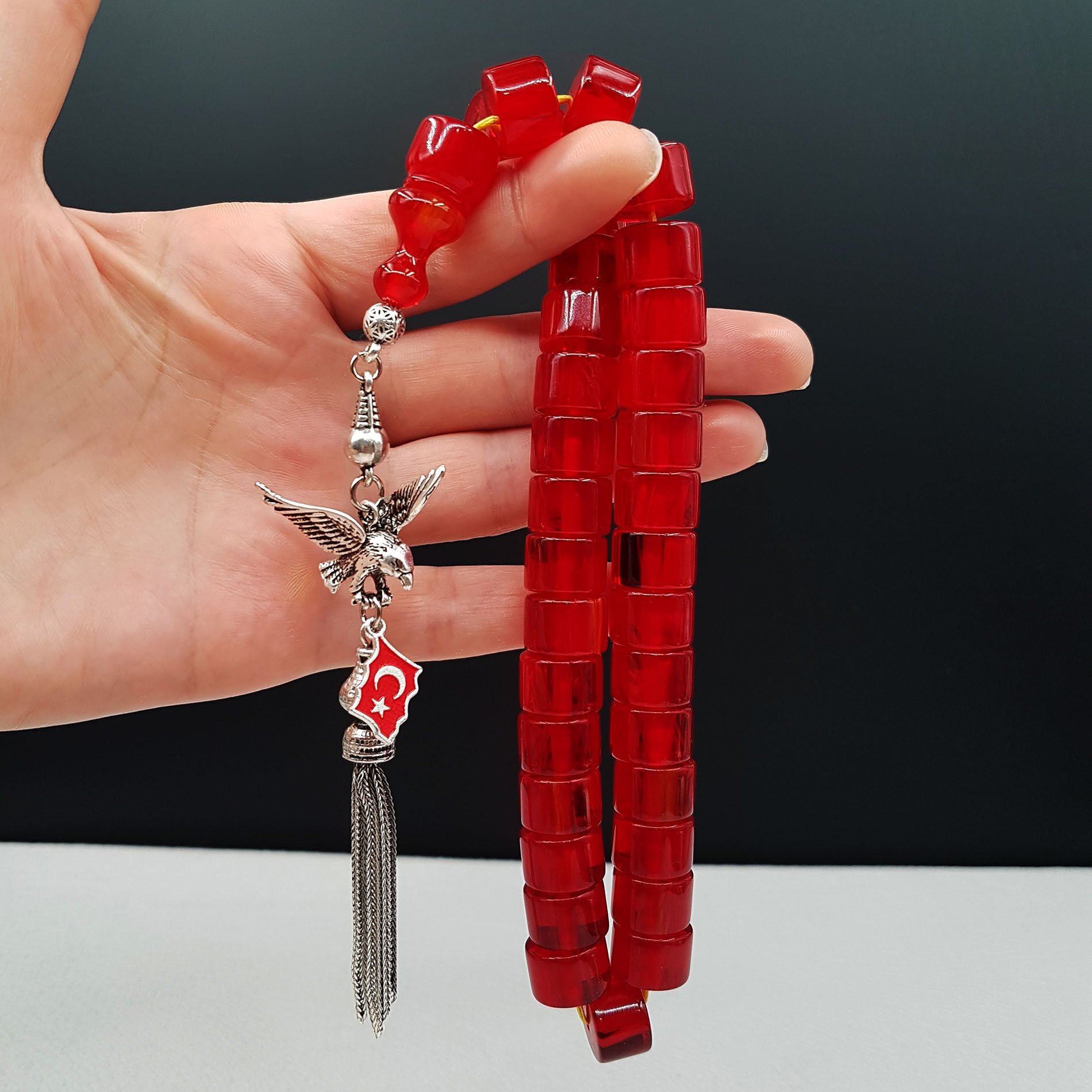 Büyük Boy Kırmızı Teker Kesme Sıkma Kehribar Tesbih