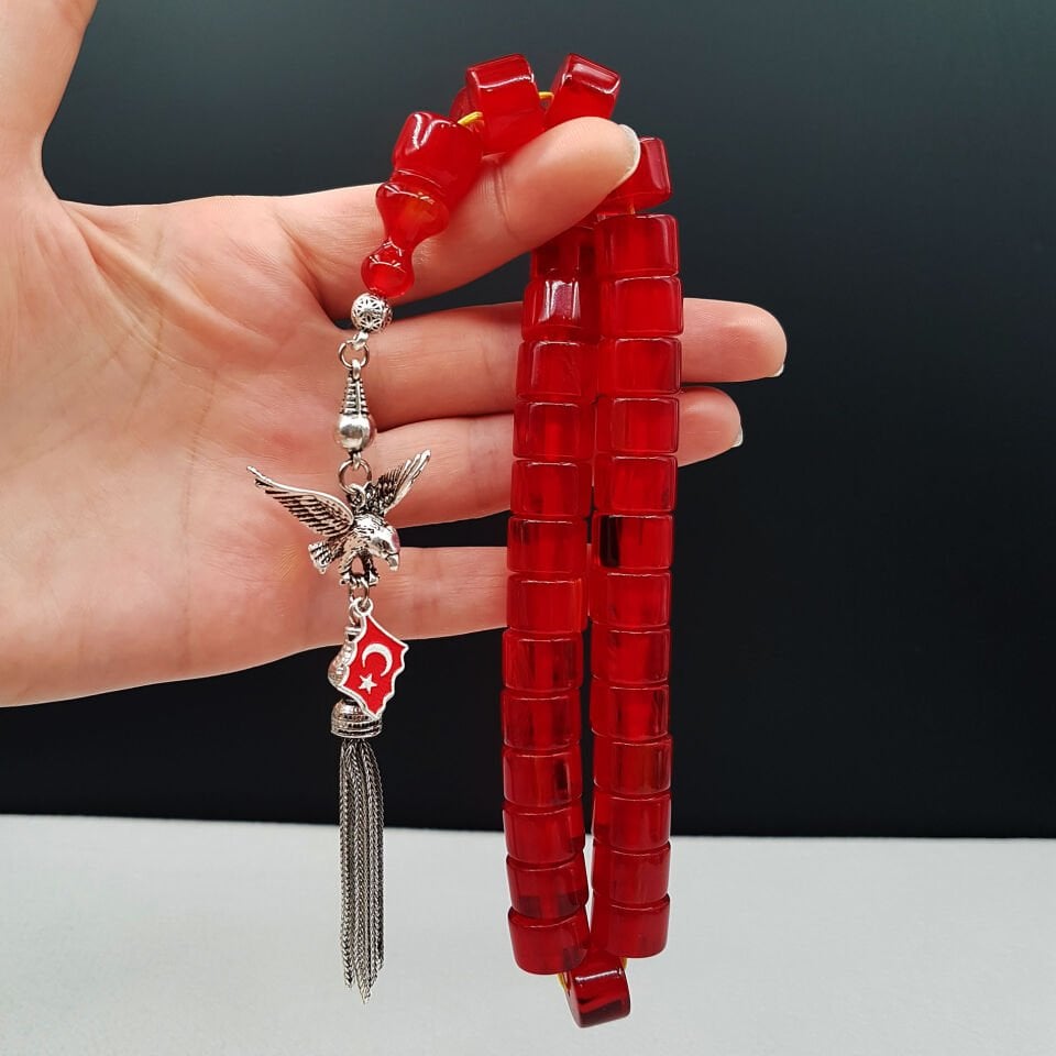 Büyük Boy Kırmızı Teker Kesme Sıkma Kehribar Tesbih