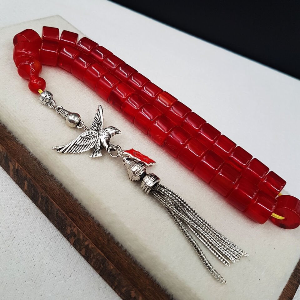 Büyük Boy Kırmızı Teker Kesme Sıkma Kehribar Tesbih