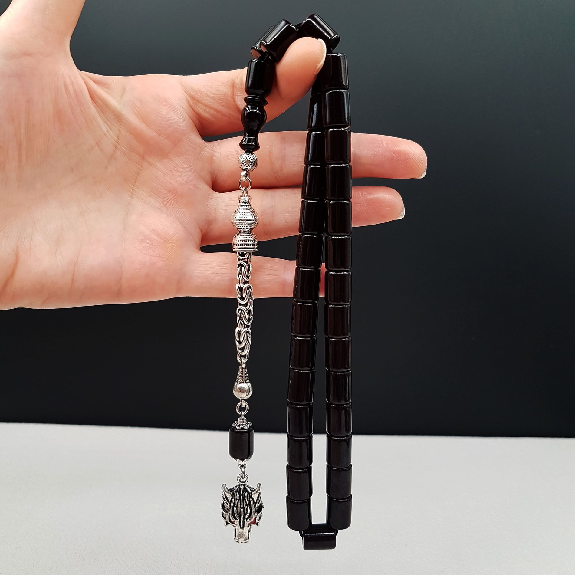 Siyah İri Kesme Çubuk Sıkma Kehribar Tesbih