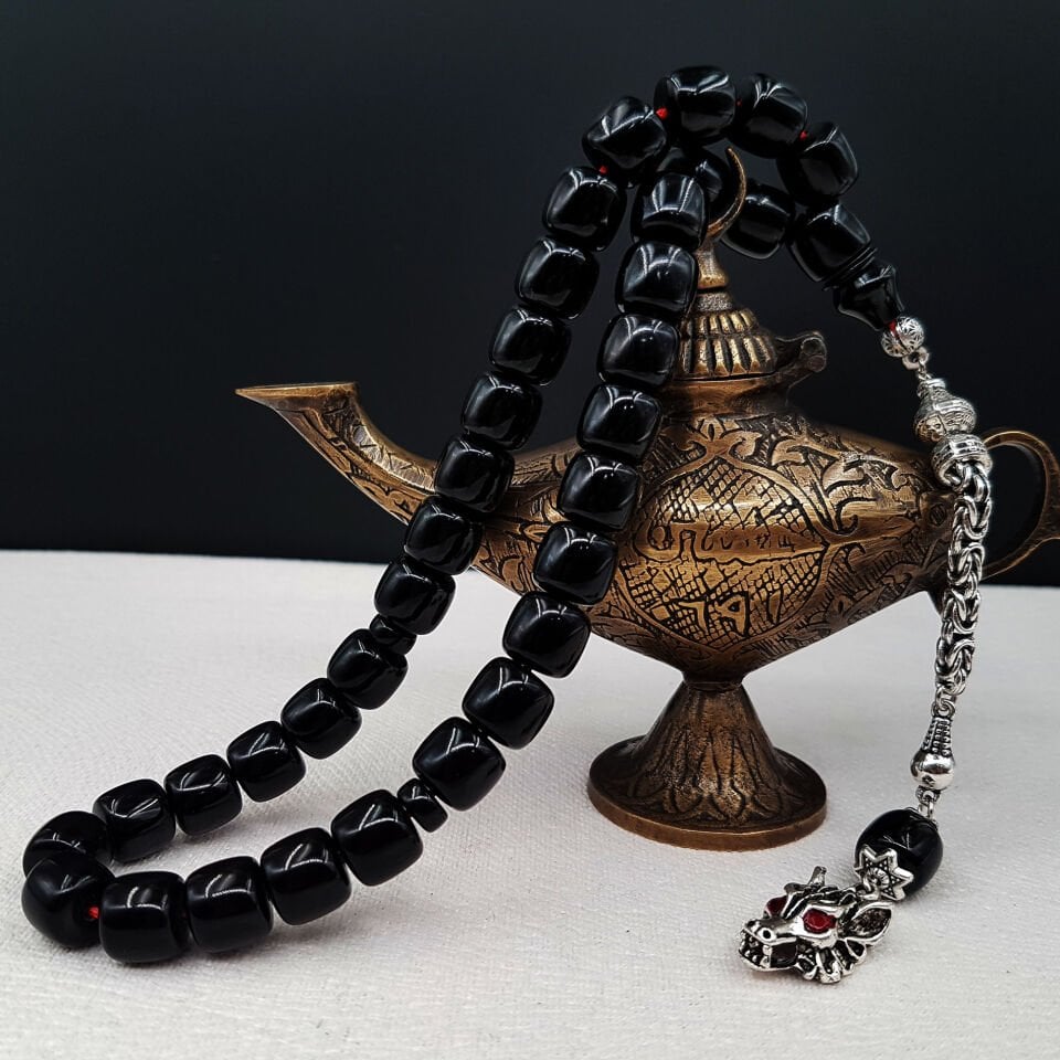 Büyük Boy Siyah Teker Sıkma Kehribar Tesbih