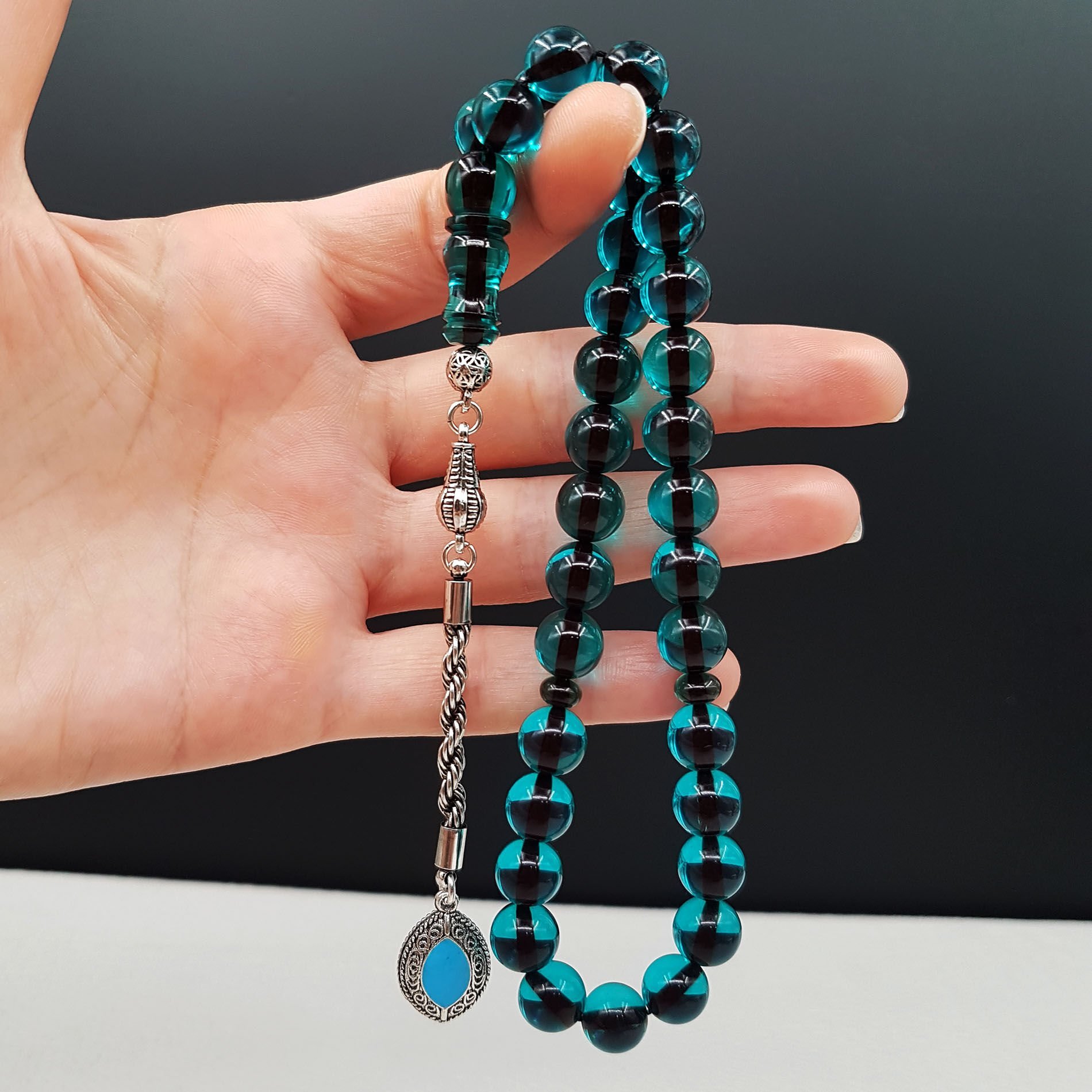 Açık Mavi Küre Ateş Kehribar Tesbih