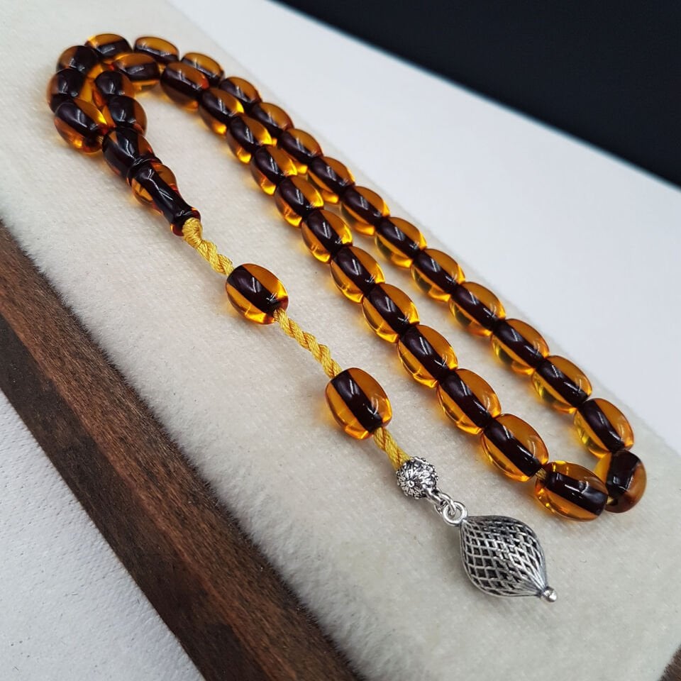 Gümüş Koza Sistemli Fıçı Ateş Kehribar Tesbih