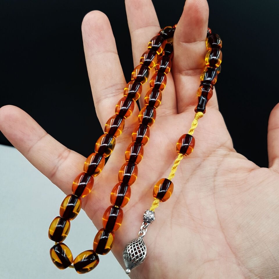 Gümüş Koza Sistemli Fıçı Ateş Kehribar Tesbih