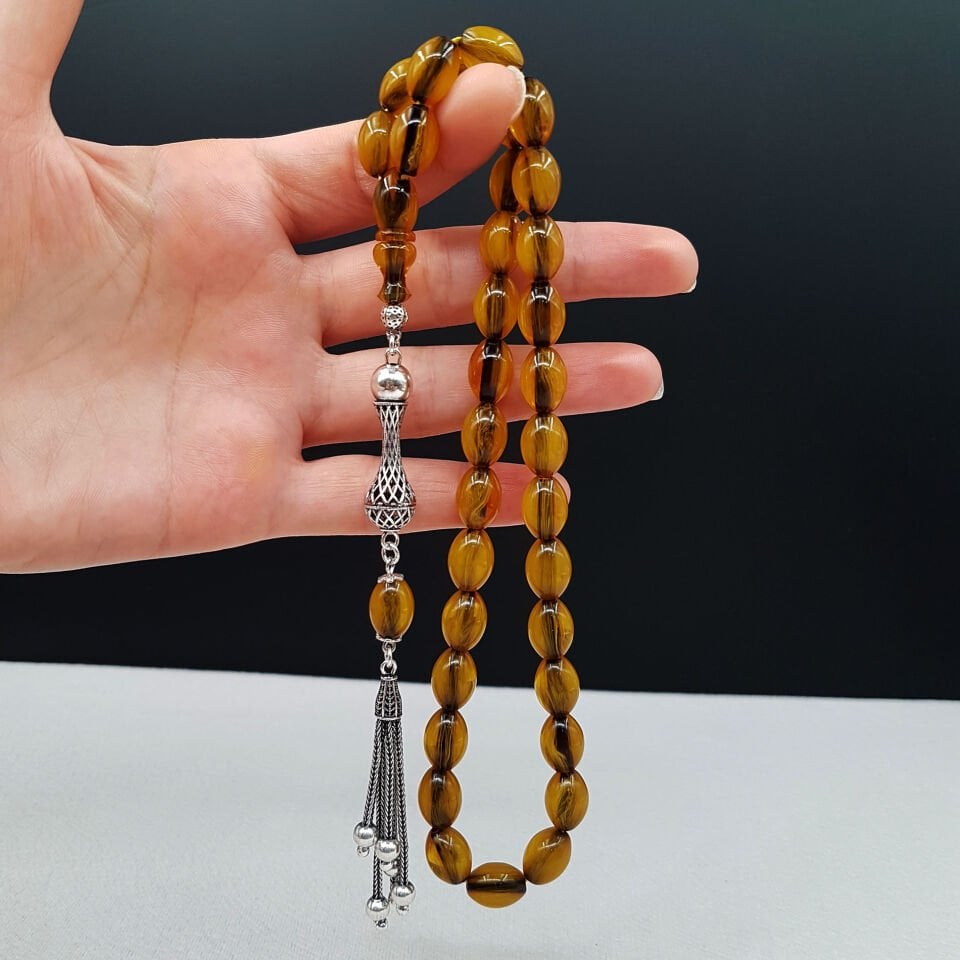 Gümüş Püskül Arpa Kesim Sarı Sıkma Kehribar Tesbih