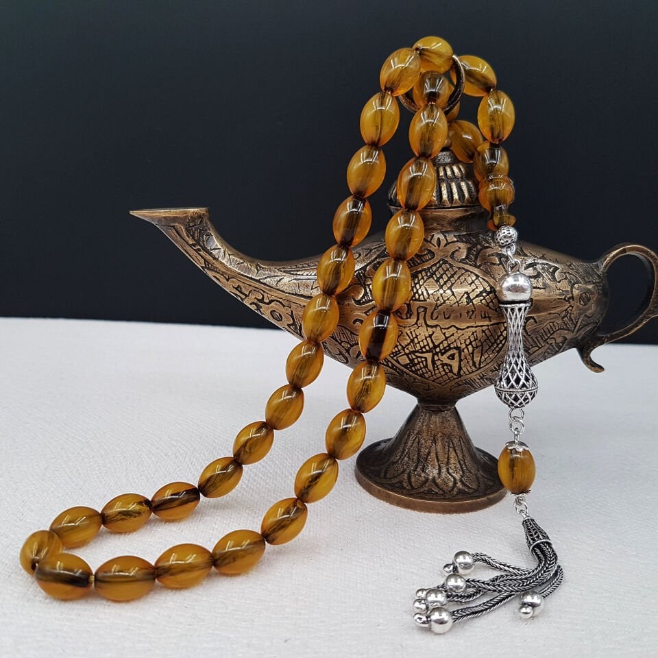 Gümüş Püskül Arpa Kesim Sarı Sıkma Kehribar Tesbih