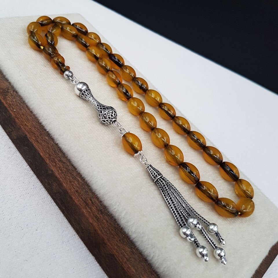 Gümüş Püskül Arpa Kesim Sarı Sıkma Kehribar Tesbih