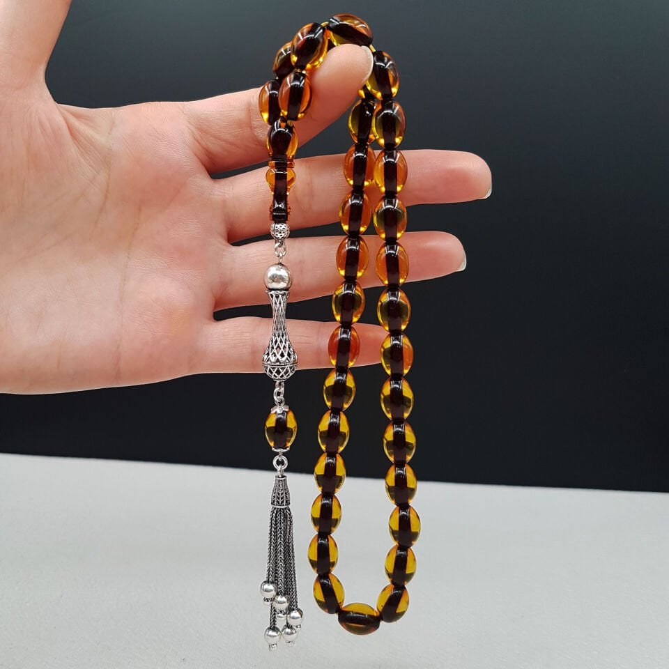 Gümüş Püskül Sarı Beyzi ATeş Kehribar Tesbih