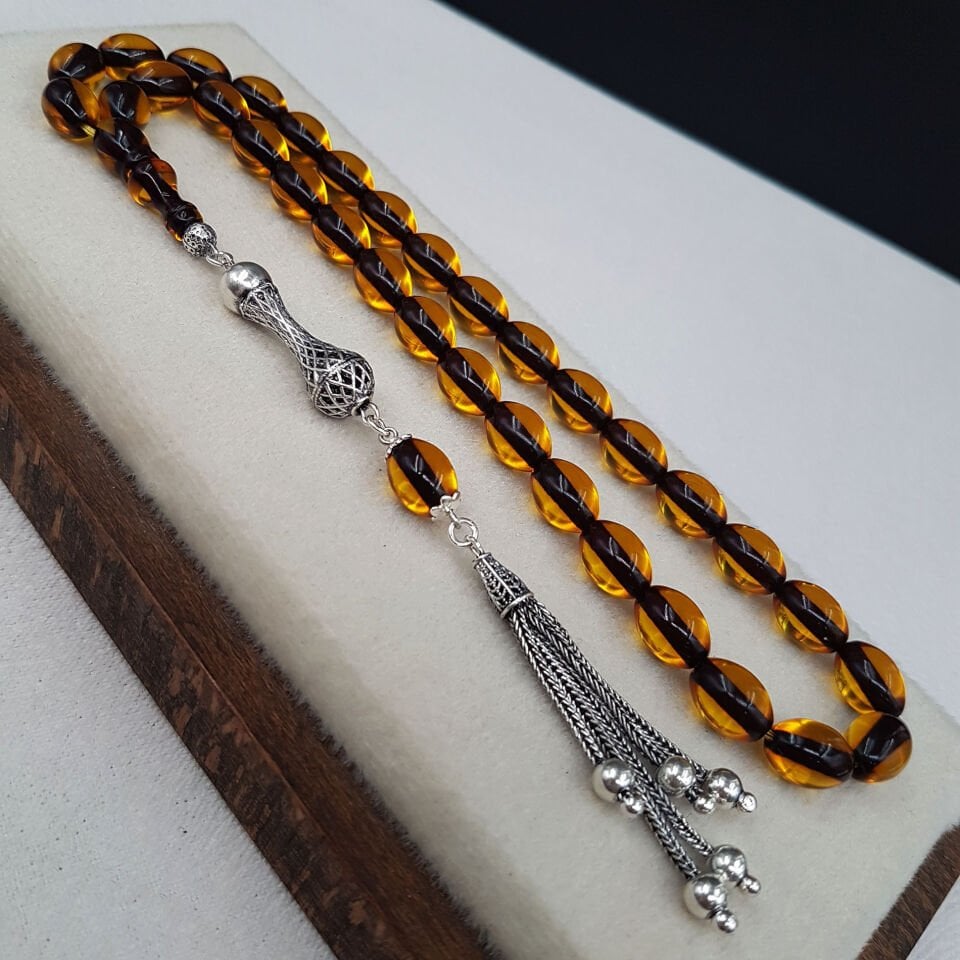 Gümüş Püskül Sarı Beyzi ATeş Kehribar Tesbih