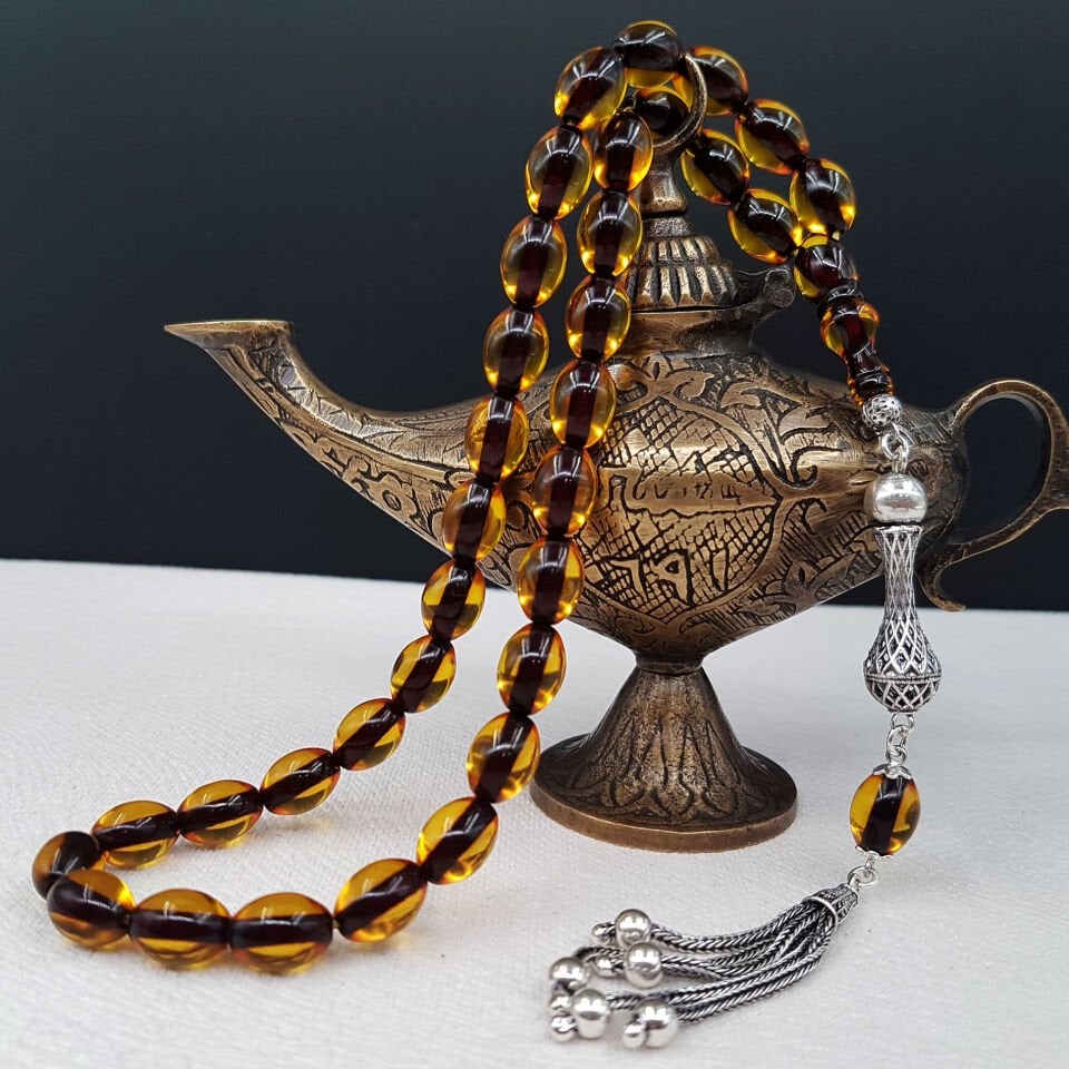 Gümüş Püskül Sarı Beyzi ATeş Kehribar Tesbih