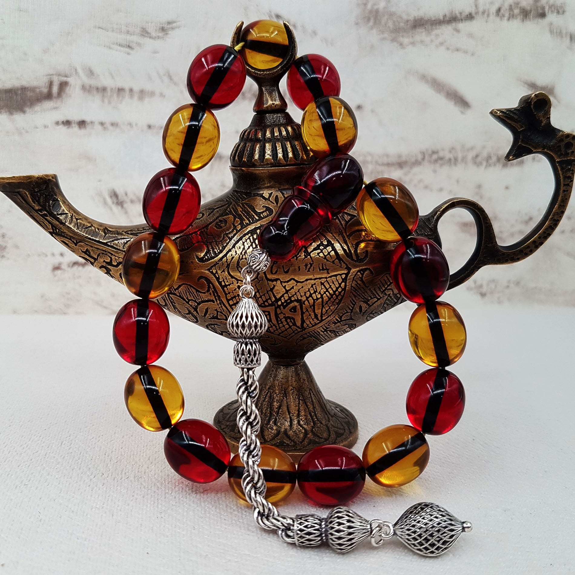 Gümüş Püskül Sarı Kırmızı Maskot Ateş Kehribar Tesbih