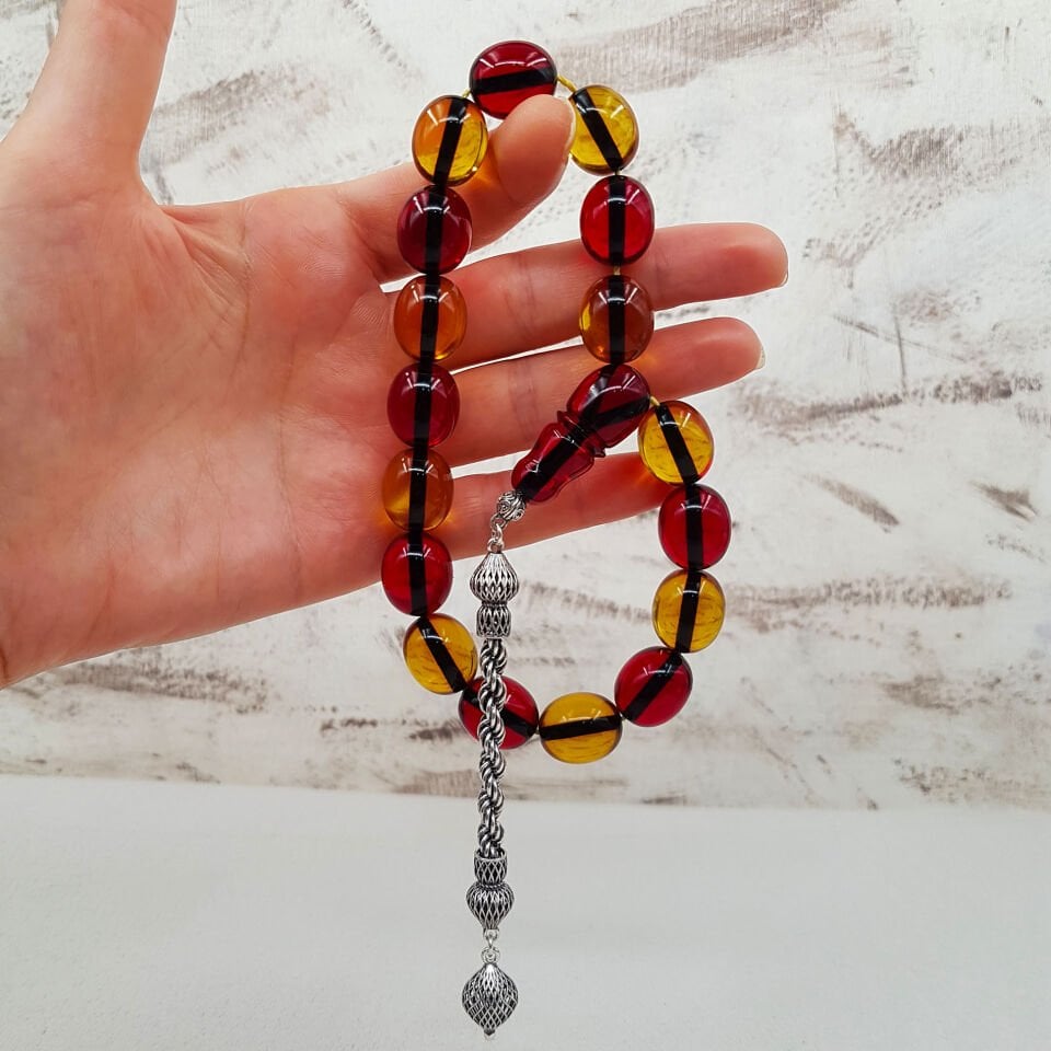 Gümüş Püskül Sarı Kırmızı Maskot Ateş Kehribar Tesbih