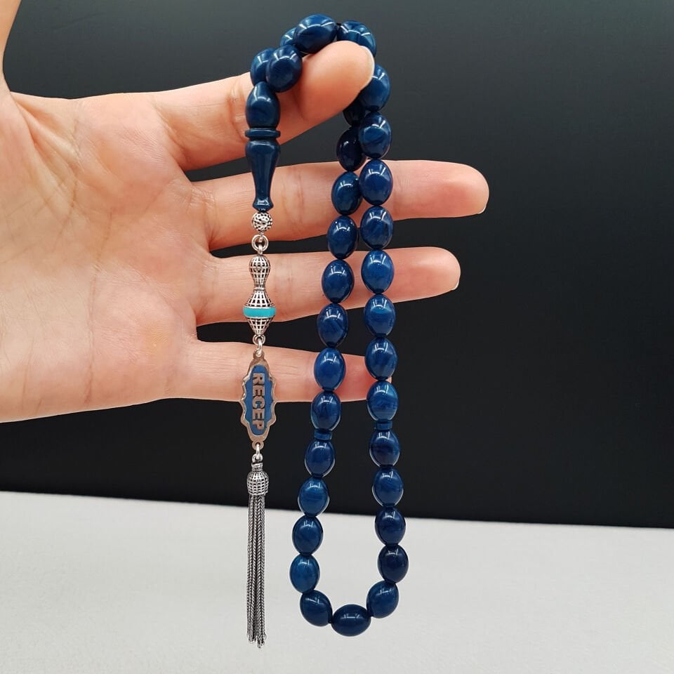 Kişiye Özel İsimli Mavi Sıkma Kehribar Tesbih