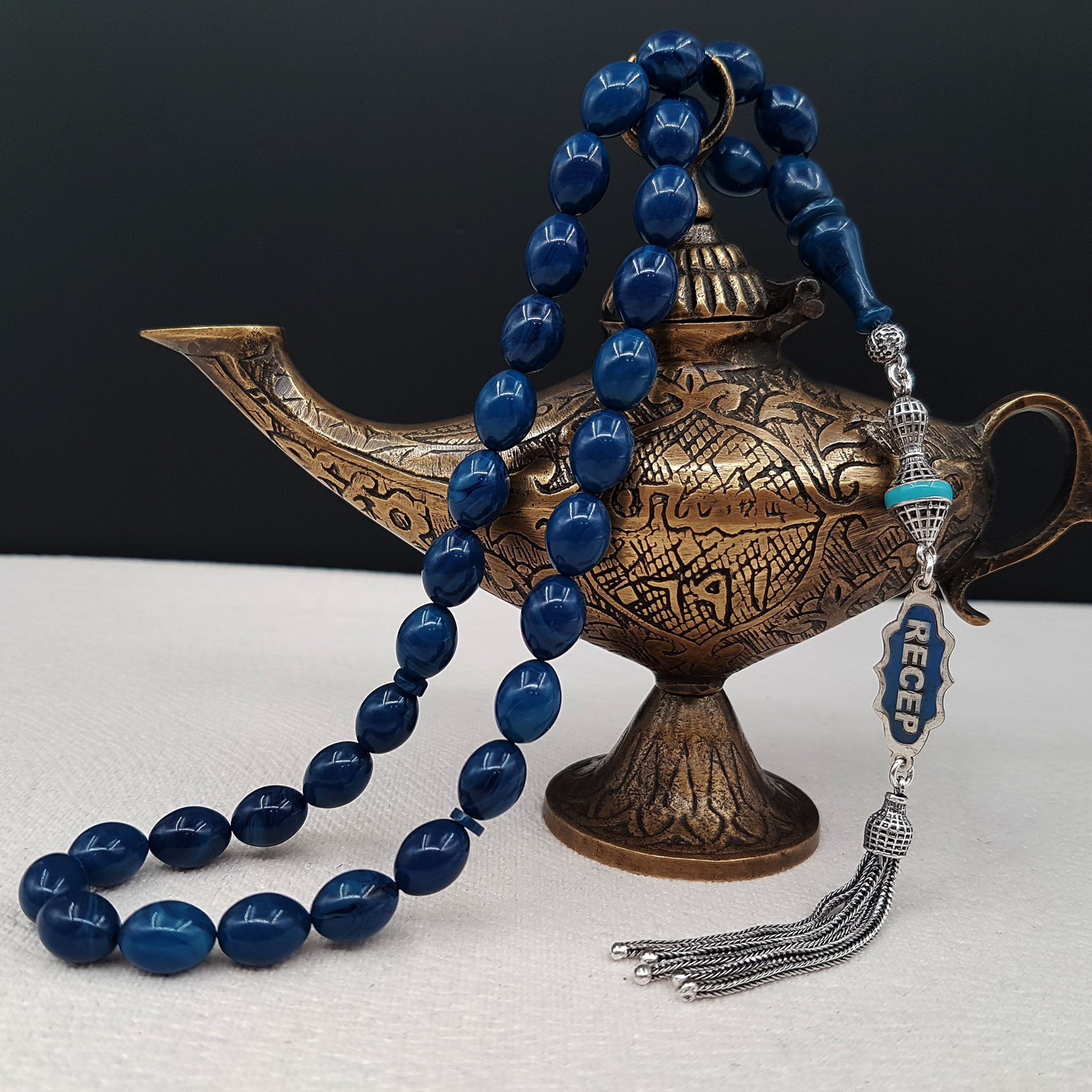 Kişiye Özel İsimli Mavi Sıkma Kehribar Tesbih