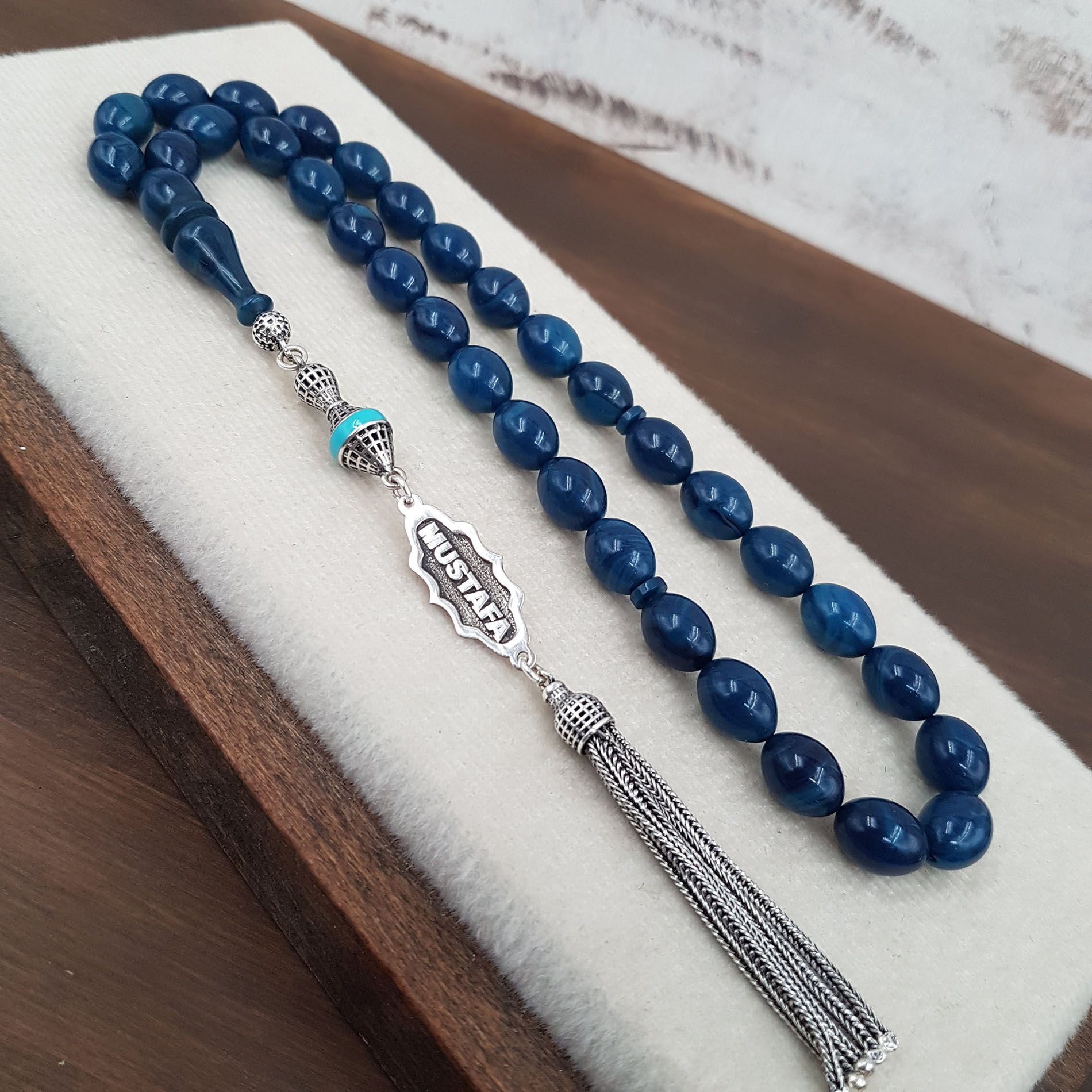 Kişiye Özel İsimli Mavi Sıkma Kehribar Tesbih