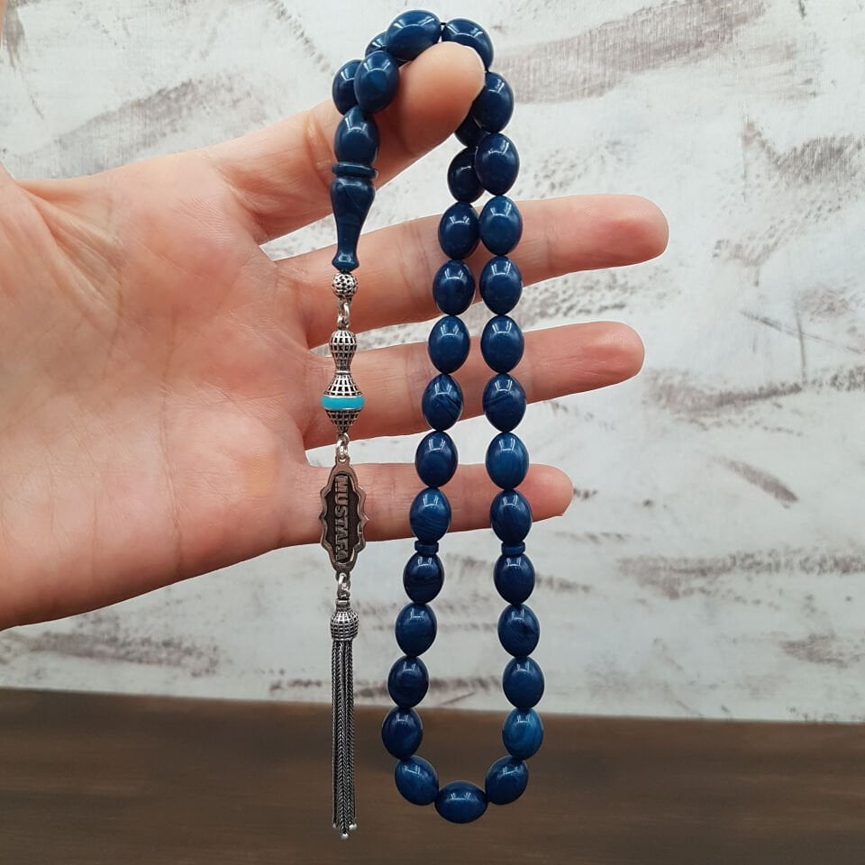 Kişiye Özel İsimli Mavi Sıkma Kehribar Tesbih