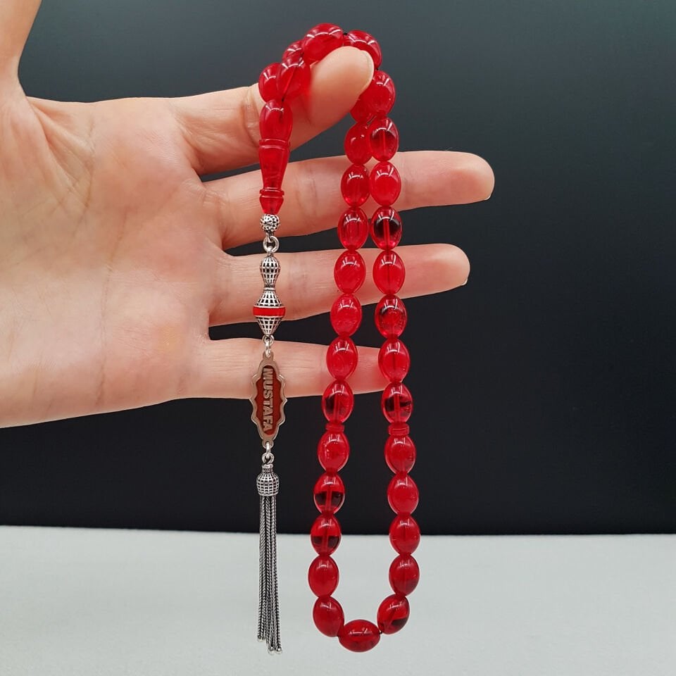 Kişiye Özel İsimli Kiraz Kırmızısı Sıkma Kehribar Tesbih