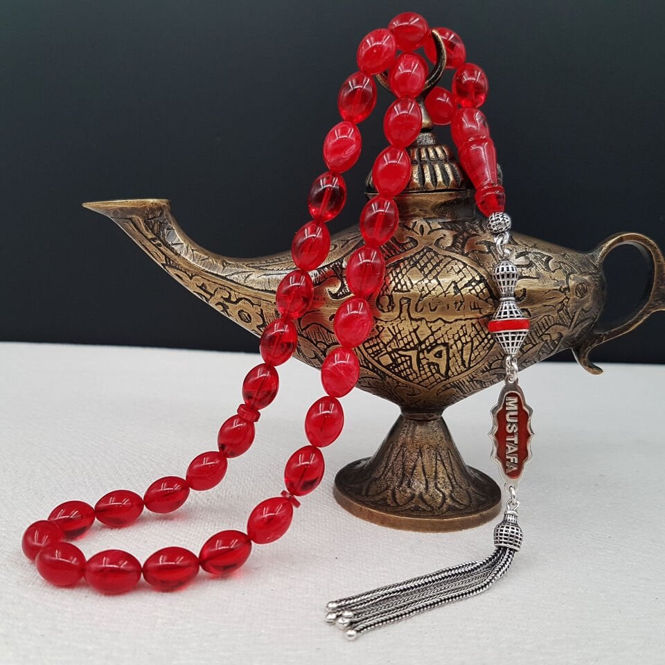 Kişiye Özel İsimli Kiraz Kırmızısı Sıkma Kehribar Tesbih