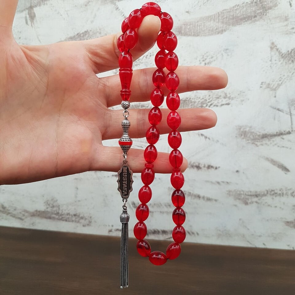 Kişiye Özel İsimli Kiraz Kırmızısı Sıkma Kehribar Tesbih