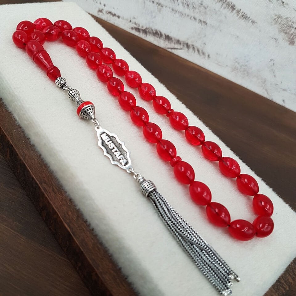 Kişiye Özel İsimli Kiraz Kırmızısı Sıkma Kehribar Tesbih