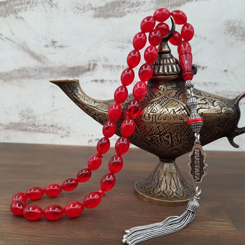 Kişiye Özel İsimli Kiraz Kırmızısı Sıkma Kehribar Tesbih