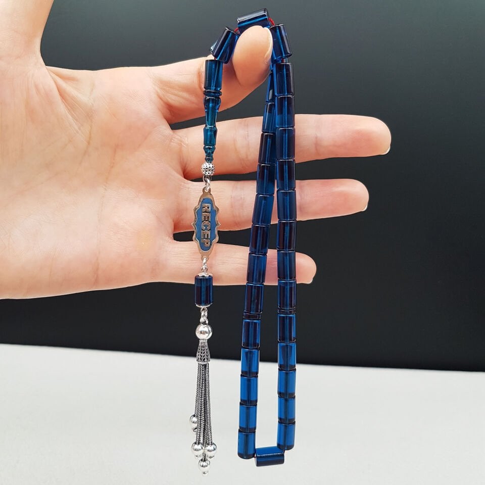 Kişiye Özel İsimli Mavi Kesme Ateş Kehribar  Tesbih