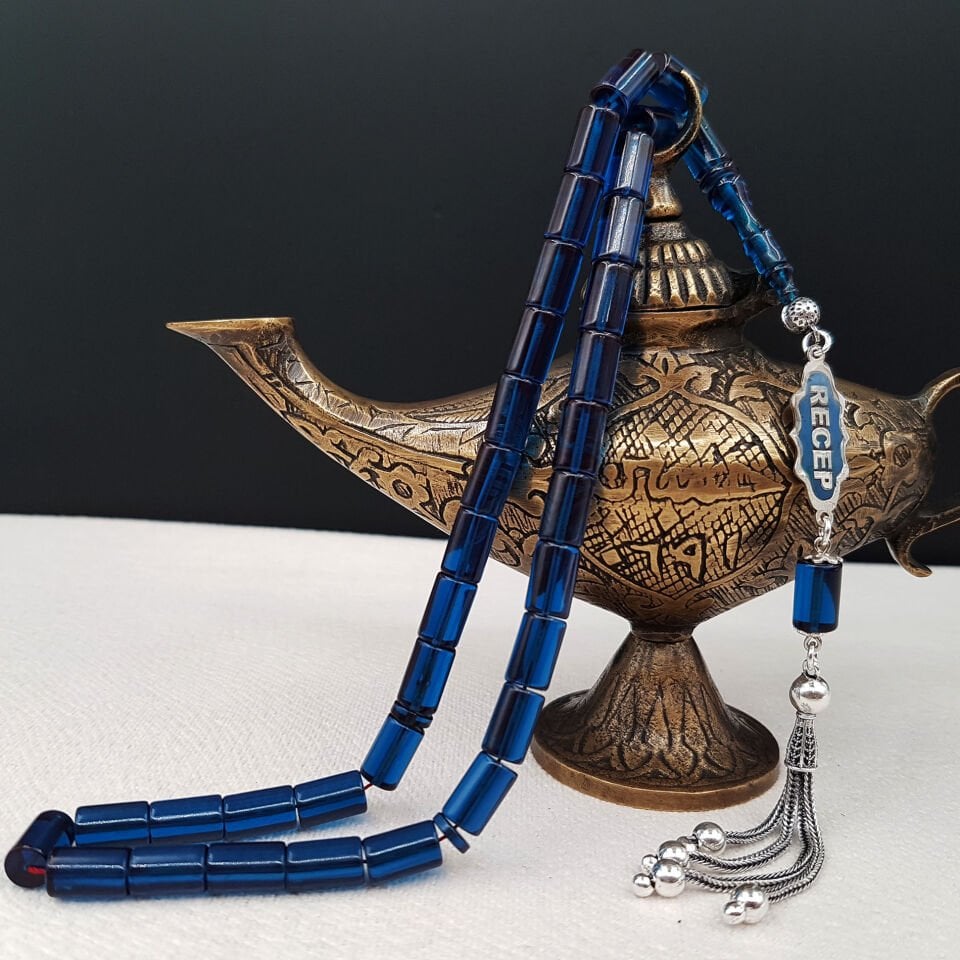 Kişiye Özel İsimli Mavi Kesme Ateş Kehribar  Tesbih