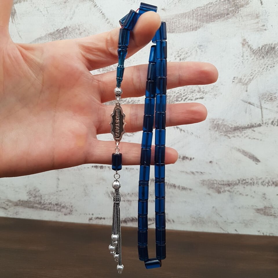 Kişiye Özel İsimli Mavi Kesme Ateş Kehribar  Tesbih