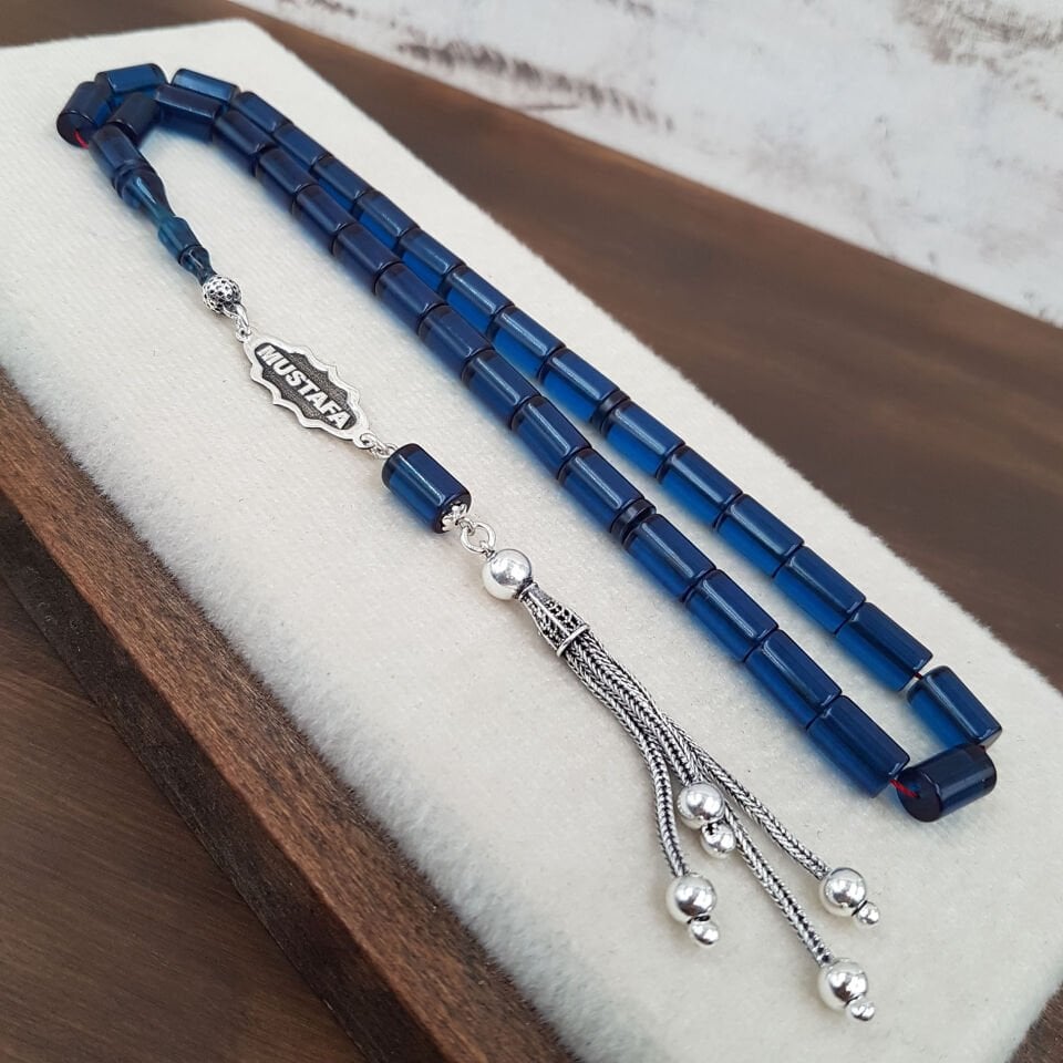 Kişiye Özel İsimli Mavi Kesme Ateş Kehribar  Tesbih