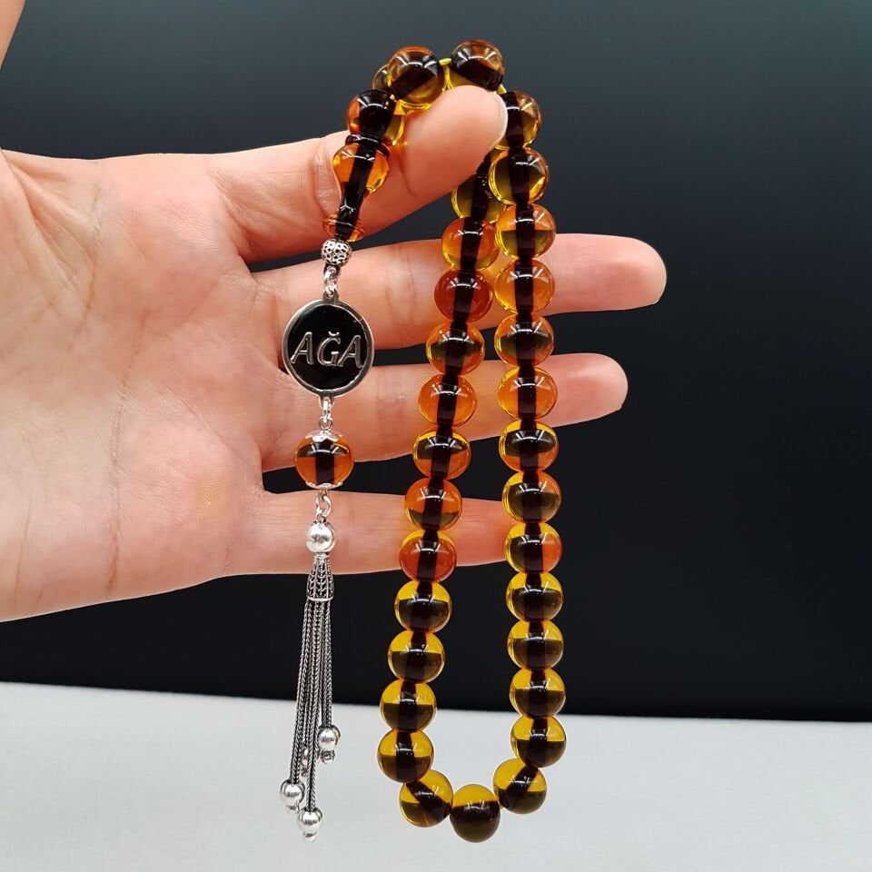 Kişiye Özel İsimli Sarı Çubuk Ateş Kehribar  Tesbih