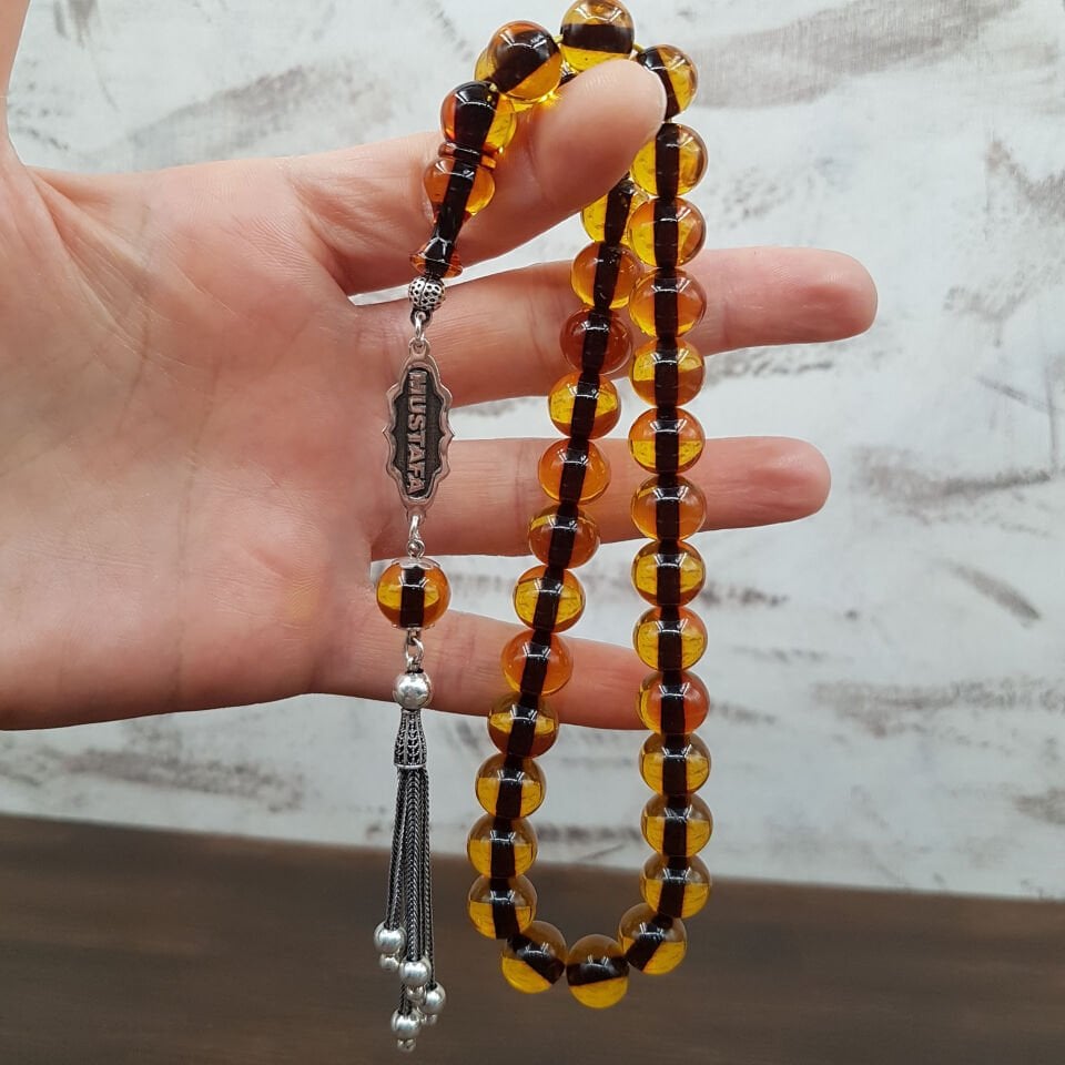 Kişiye Özel İsimli Sarı Çubuk Ateş Kehribar  Tesbih