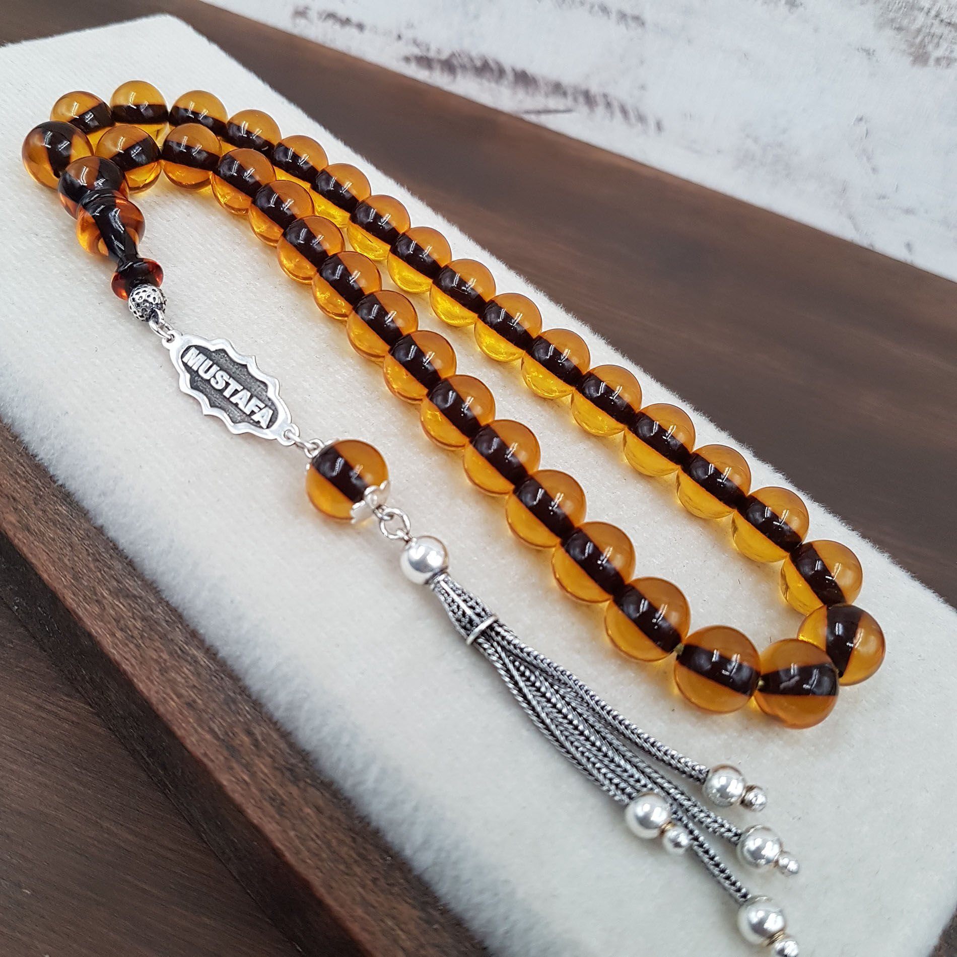 Kişiye Özel İsimli Sarı Çubuk Ateş Kehribar  Tesbih