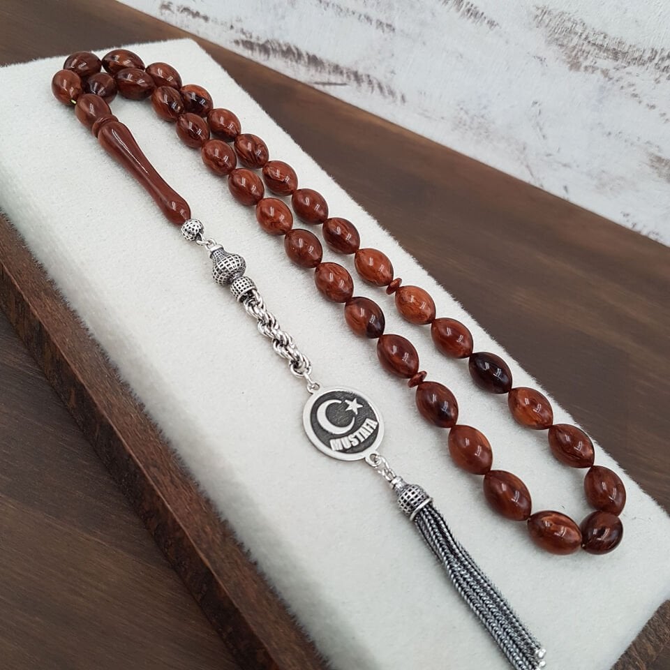 Kişiye Özel İsimli Beyzi Kahve Sıkma Kehribar Tesbih