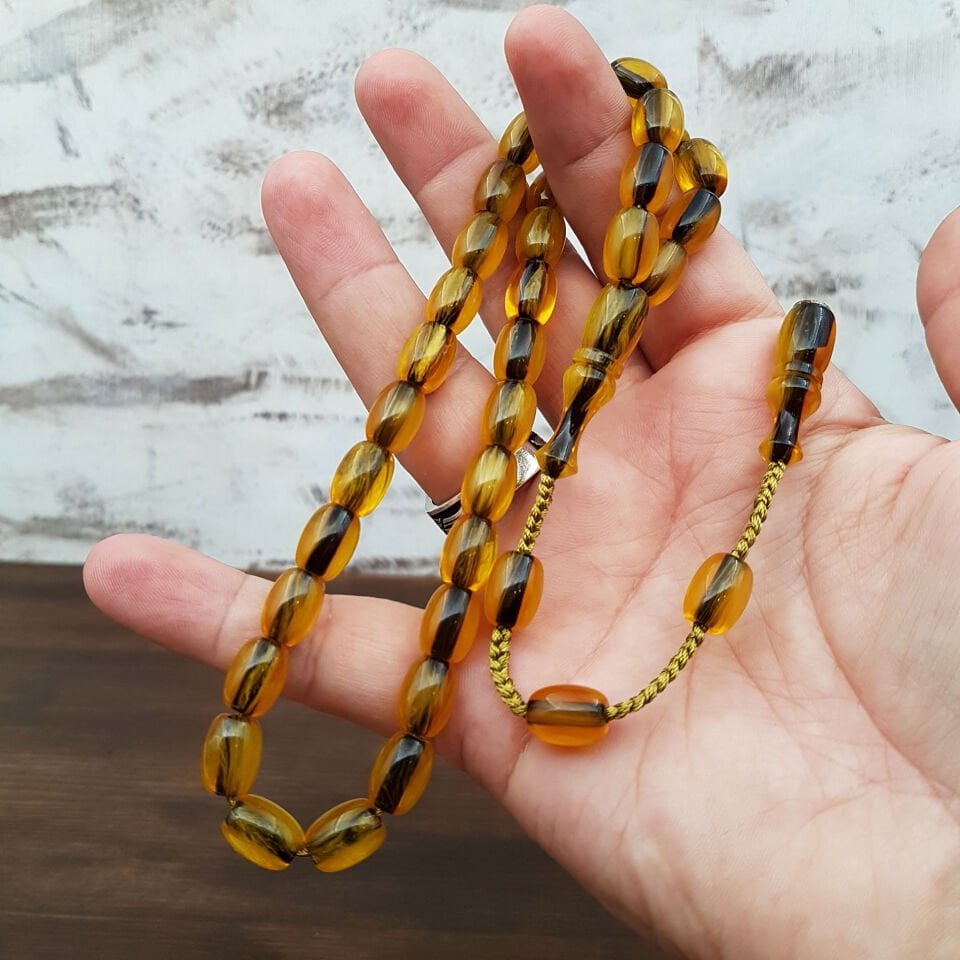 Hareli Beyzi Çubuk Sıkma Kehribar Tesbih