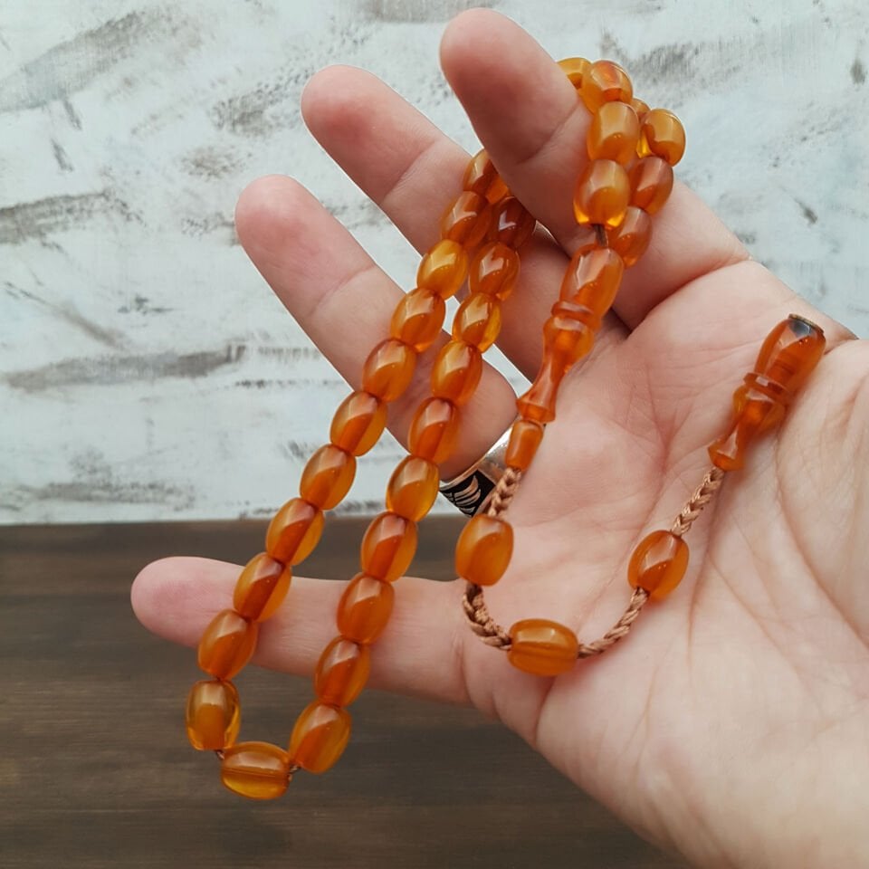 Turuncu Fıçı Kesim Çubuk Sıkma Kehribar Tesbih