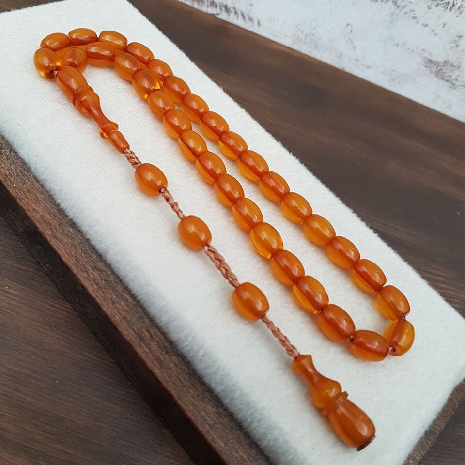 Turuncu Fıçı Kesim Çubuk Sıkma Kehribar Tesbih