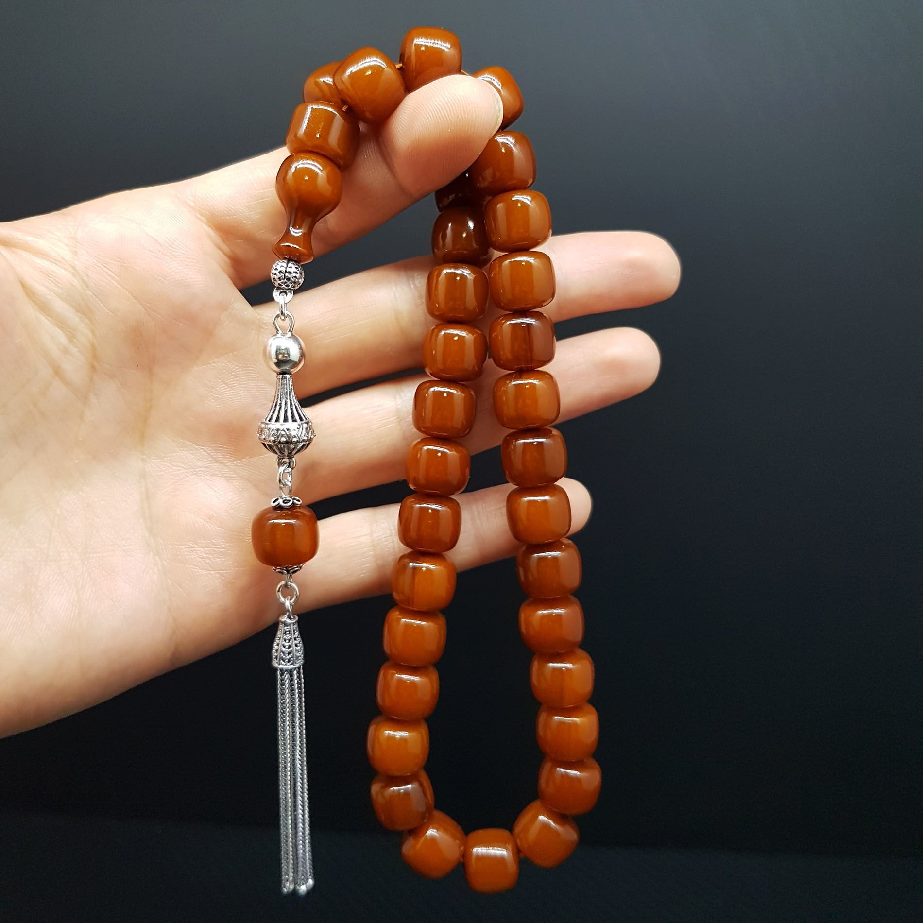 Gümüş Tasarım Kahve Teker Kesim Sıkma Kehribar Tesbih