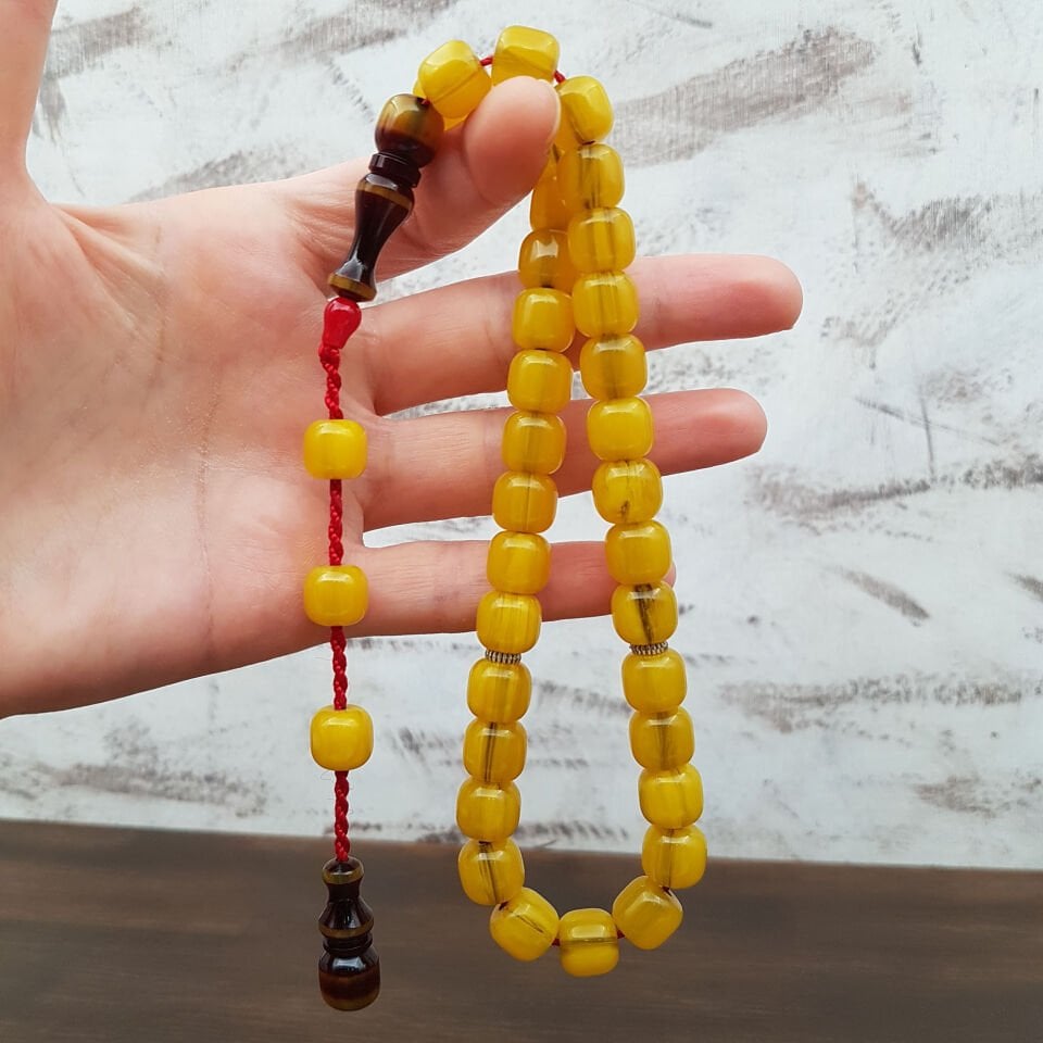 Sarı Teker kesim Çubuk Sıkma Kehribar Tesbih