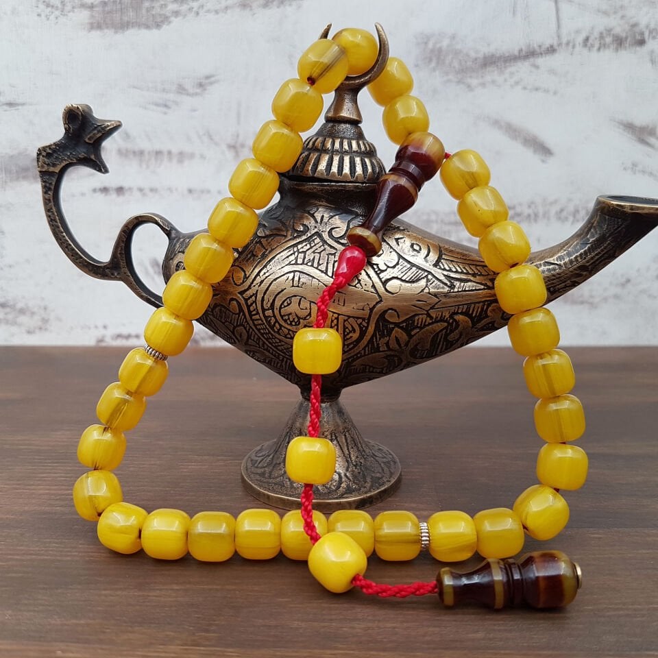 Sarı Teker kesim Çubuk Sıkma Kehribar Tesbih