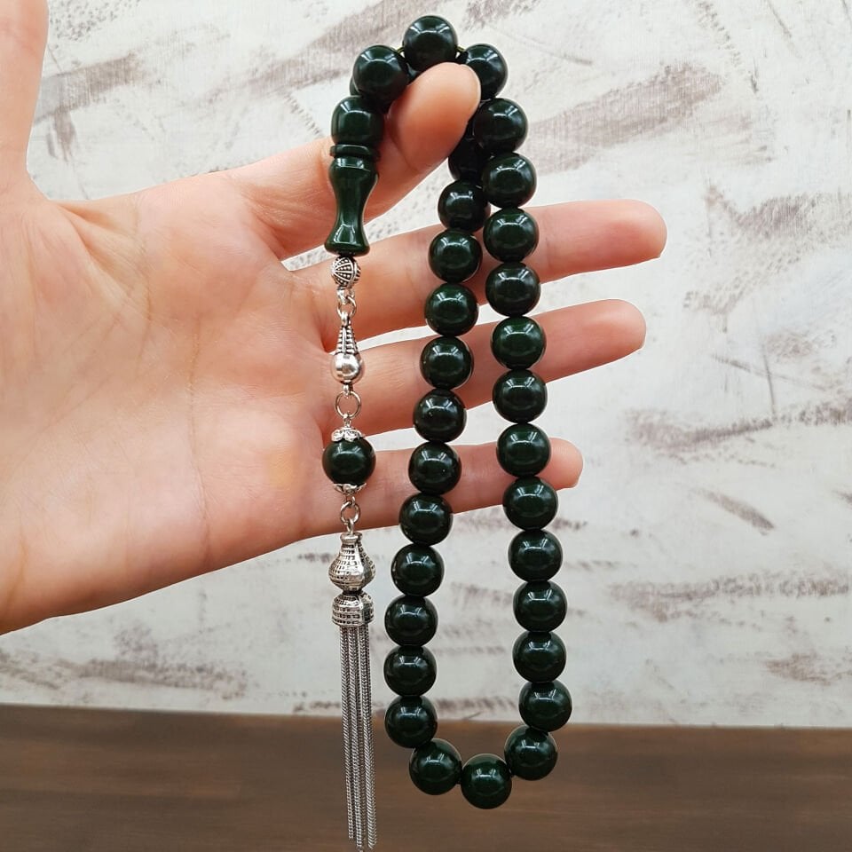 Eskitme Yapım Koyu Yeşil Sıkma Kehribar Tesbih