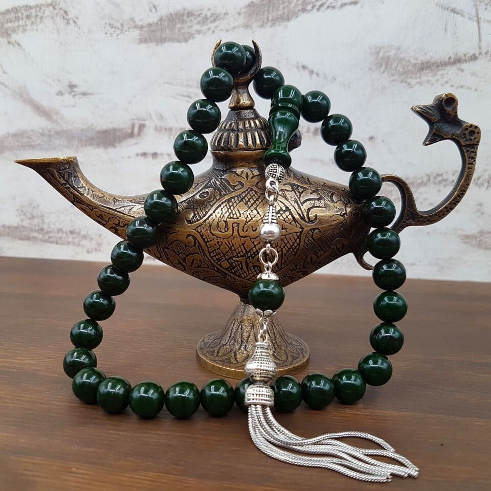 Eskitme Yapım Koyu Yeşil Sıkma Kehribar Tesbih