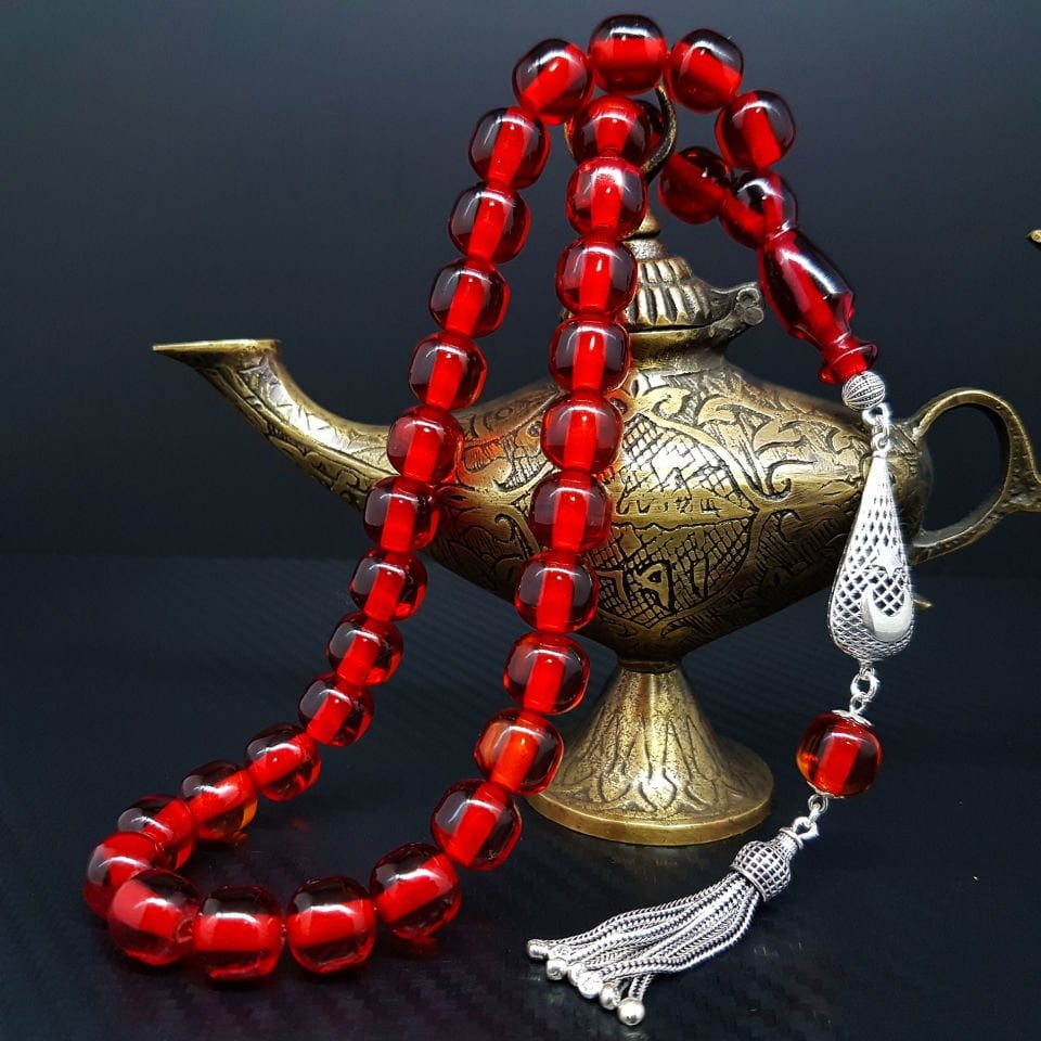 Ayyıldız Gümüş Tasarım Kırmızı Ateş Kehribar Tesbih