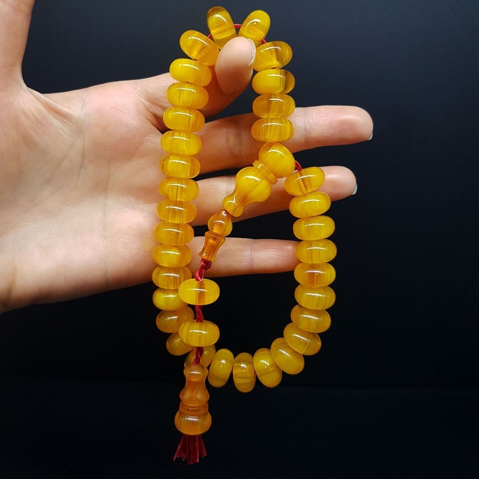 Teker Kesim Sarı Hareli Sıkma Kehribar Tesbih