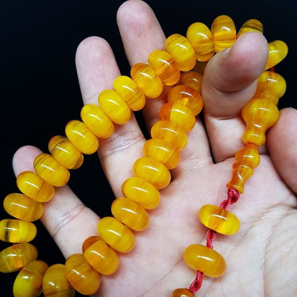 Teker Kesim Sarı Hareli Sıkma Kehribar Tesbih